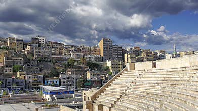 Roman Theatre in Amman, Jordan. Against the sky with clouds. 4K, time lapse
