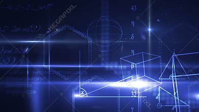 Math equations and shapes on blue background