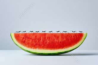 Fresh watermelon slice on table illuminated by vibrant studio lighting emphasizing natural textures. Ants walking on a watermelon.