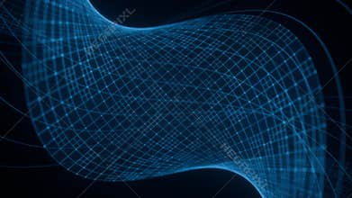 Abstract digital form made of blue futuristic grid with glowing neon lines and dots in dark space