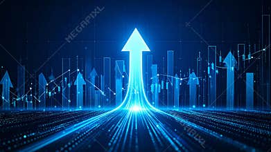 Digital arrow rising with financial charts and data visualization on a dark background