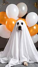Dog dressed as a ghost with orange and white balloons for Halloween celebration