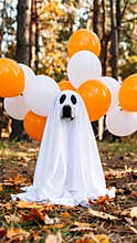 Dog dressed as a ghost with balloons in an autumn forest Halloween celebration