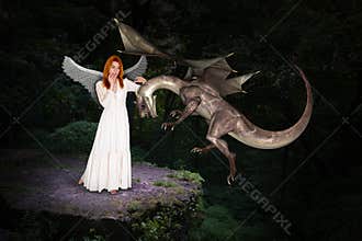 Beautiful Forest Woman and Flying Dragon