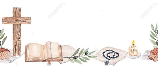 Wooden cross, open book, rosary, burning candle, olive branch, bread, linen napkin on white background, seamless
