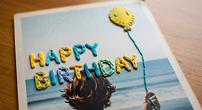 Child holding yellow balloon with happy birthday letters at beach