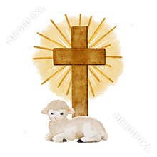 Lamb resting near wooden cross radiant golden halo watercolor illustration on white, Christian Easter clipart for church
