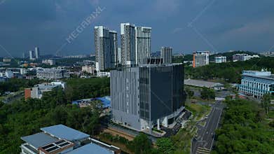 data center building cloud cyber infrastructure. Magic aerial view drone