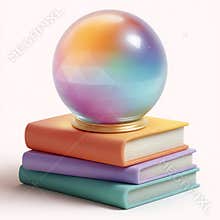 Rainbow crystal ball on stacked pastel books.