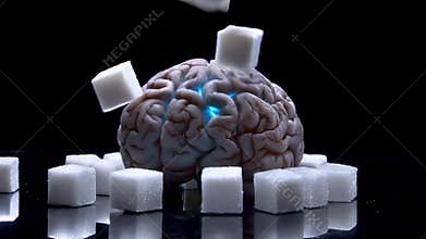 Sugar cubes actively falling onto a human brain model, illustrating sugar's profound impact on cognitive function
