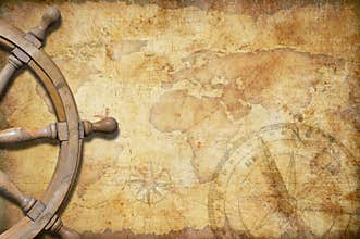 Old treasure map with steering wheel
