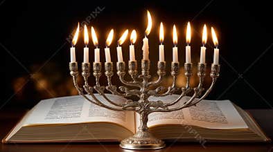 Flickering candlelight illuminates open book in serene menorah scene