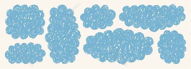 Crayon Fluffy Cloud Shapes Set. Vector Hand Drawn Pencil Bubble Frames in Soft Pastel Colors.