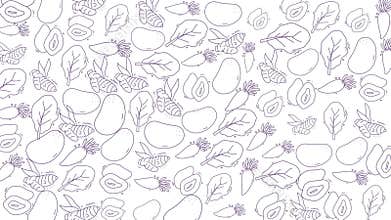 Seamless Pattern of Hand-Drawn Fruits Leaves and Flowers for Natural Background