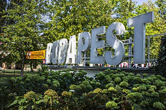 Budapest landmark sign surrounded by greenery on Margaret Island in summer