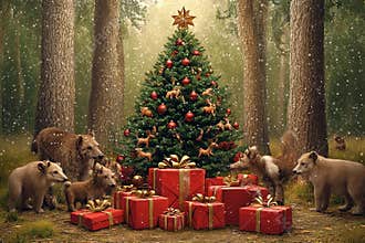 Magic of Christmas in a forest surrounded by joyful animals and gifts