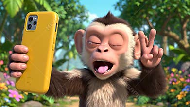 Animated monkey character takes self-portrait with yellow smartphone, displaying playful facial expressions and gestures in lush