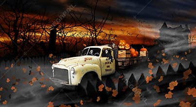 Halloween Ghouls Driving Old Delivery Truck