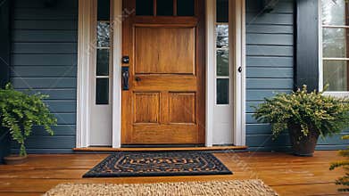 Charming Home Exterior: Wooden Door, Blue Siding, and Inviting Porch with Ferns