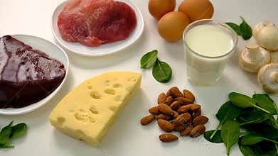 Foods that contain vitamin B2. Selective focus.