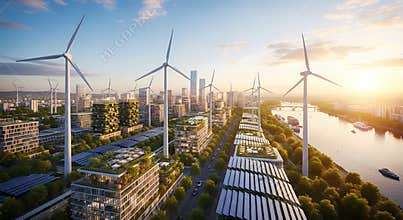 Wind turbines and solar panels in modern eco friendly cityscape