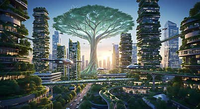 Futuristic cityscape with sustainable architecture and green spaces