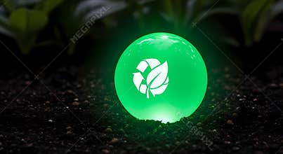 Glowing green recycling symbol on a dark background with soil
