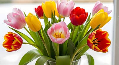 Colorful Tulips in Glass Vase on Window