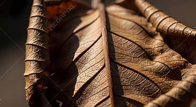 Detailed Macro View of a Dry Brown Leaf Showing Intricate Veins and Texture with Sunlight Creating Shadows Natural Autumn or Seaso