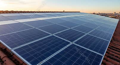 Solar panels on rooftop with cityscape at sunset