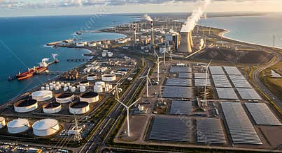 Aerial view of industrial complex with power plant and solar panels
