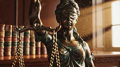 A showcasing a statue of justice in a courtroom with a blindfold on, holding scales of justice, surrounded by law books
