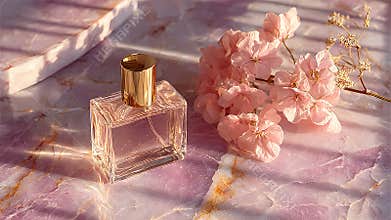 Pink flowers and transparent perfume bottle on marble surface