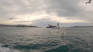 Cargo Ship Passing Through Bosphorus Strait. Bulk Carrier Ship, Bosphorus Strait, Turkey
