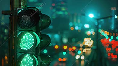 A green traffic light at night, great for nighttime scenes or urban environments