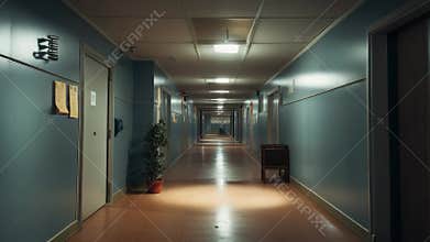 Empty hospital corridor reflecting long perspective diminishing light