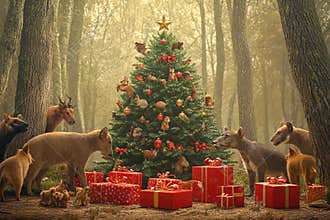 Magic of Christmas in a forest surrounded by joyful animals and gifts