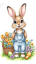 Cute cartoon rabbit wearing blue overalls smiles while holding a butterfly near a basket filled with colorful eggs and