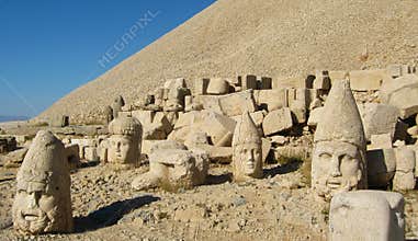 Nemrut Dag Milli Parki, Mount Nemrut with ancient statues heads of king anf Gods