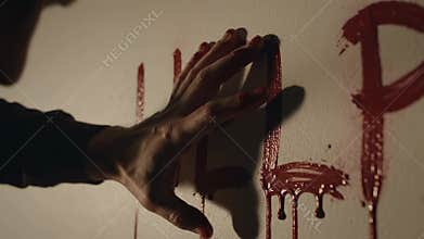 A shows a hand reaching out to write the word 'help' in blood on a wall in a dark and eerie crime scene