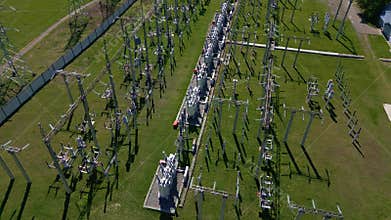 Aerial view shows a vast power substation