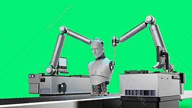 3d rendering robot assembly line producing cyborg isolated on green screen