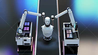 3d rendering robot assembly line producing cyborg in factory