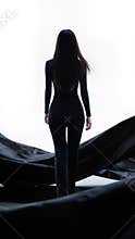 Woman walks forward wearing black clothing with long silhouette posture