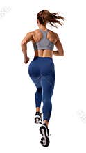 Athletic woman runs forward showing strong back body posture. Female