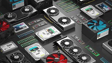 PC computer hardware components in a row. 3d animation