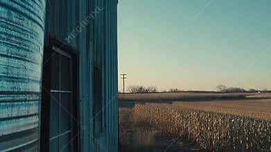 Farm silo standing by corn field at sunrise