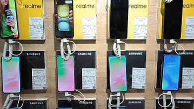 Minsk Belarus March 15 2026 Modern smartphones displayed on security