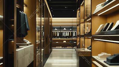 Elegant walk in closet interior with luxury clothing