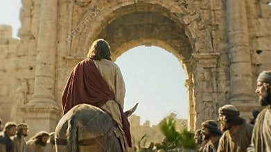 Jesus Christ riding a donkey into Jerusalem with crowds waving palm branches. AI generated